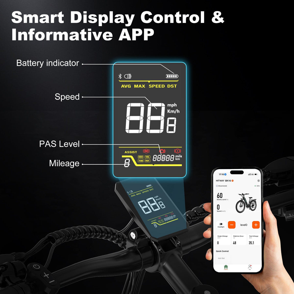 HITWAY BK16 City Electric Bike in Black — step-through frame with integrated battery
