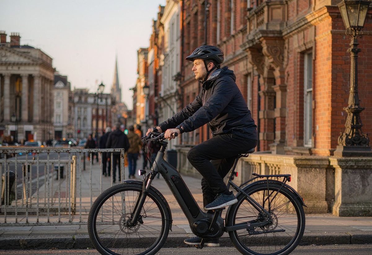 Commuter riding a HITWAY electric city bike through a UK city centre