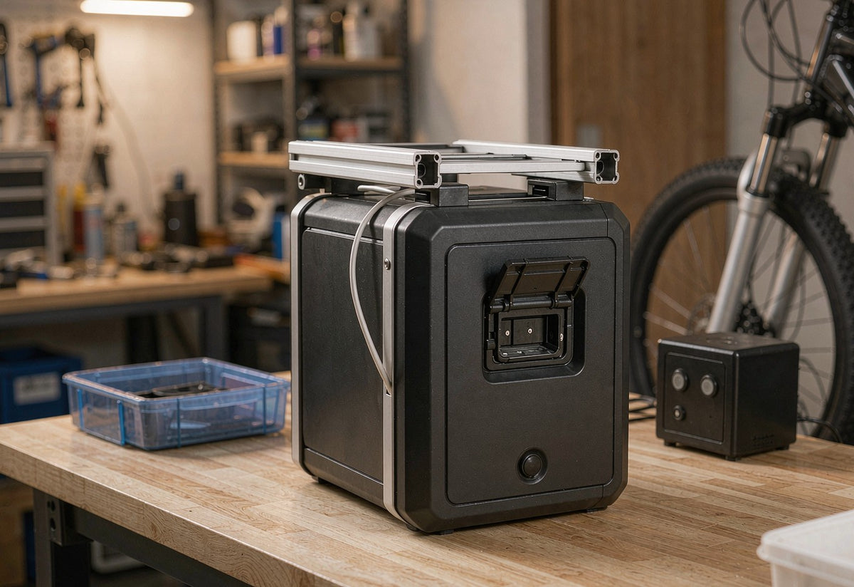 HITWAY e-bike lithium-ion battery and charger on a workshop bench