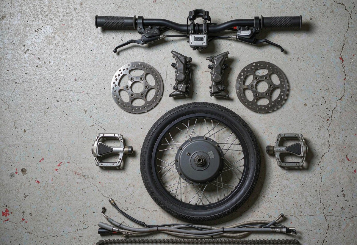 Genuine HITWAY e-bike spare parts laid out: hub motor, brakes, display and pedals