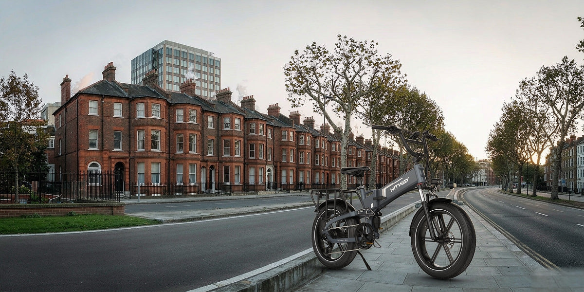 BK10S Pro folding electric bike on a leafy London avenue — desktop hero banner