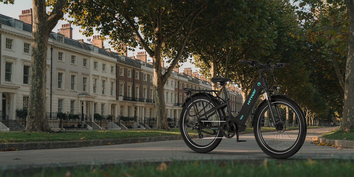 BK16 step-through city electric bike in a London cycle lane — desktop banner