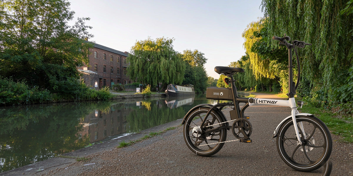 BK35S 20-inch folding electric bike on a British canal towpath — desktop banner