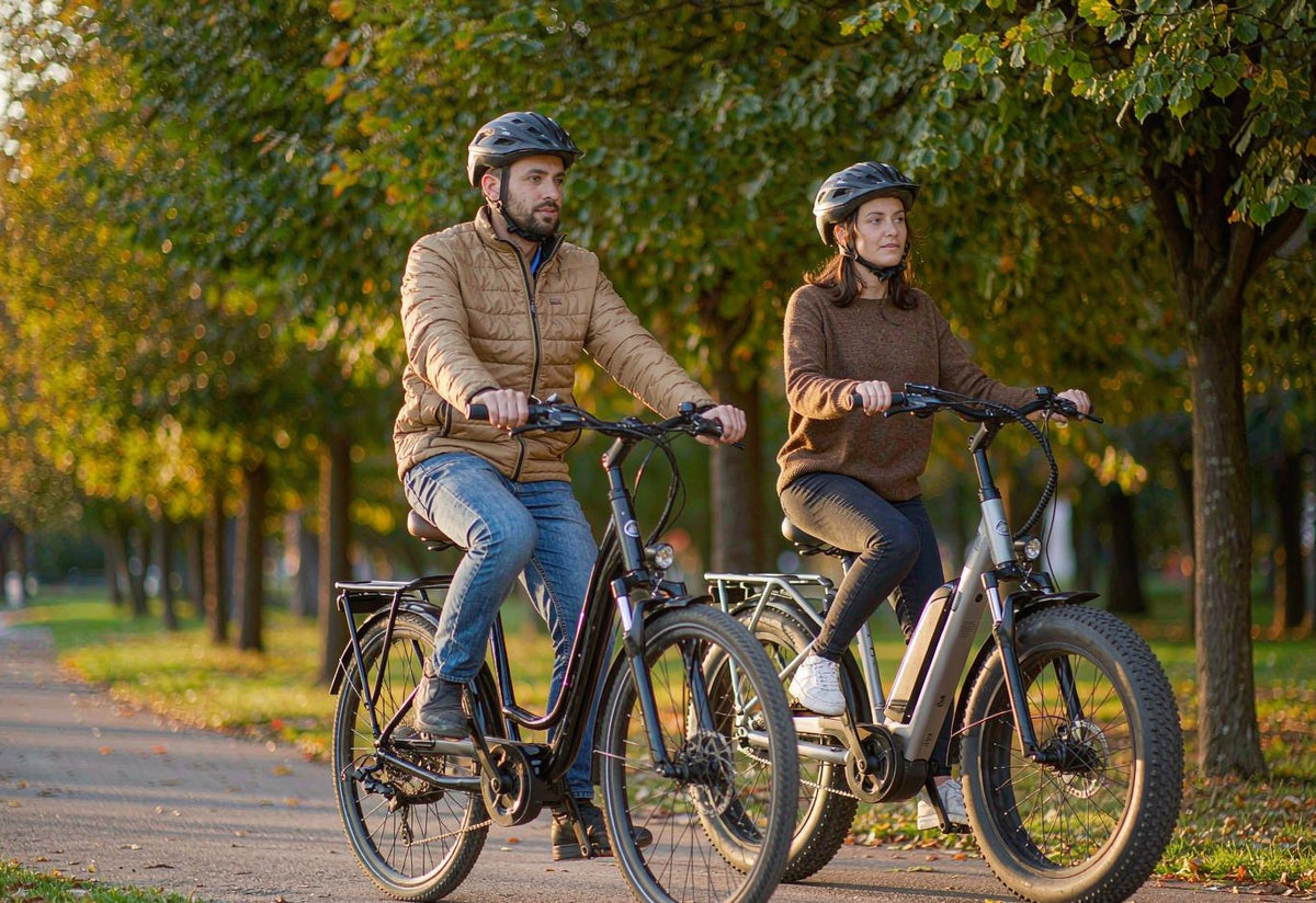 Two riders on HITWAY electric bikes on a tree-lined country park path